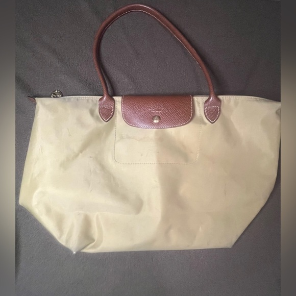 Longchamp Handbags - Longchamp Le Pliage Large Tote Khaki Brown Leather Nylon Bag